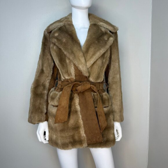 Vintage 1970s Brown Faux Fur and Leather Coat London Leathers by Lilli Ann Small